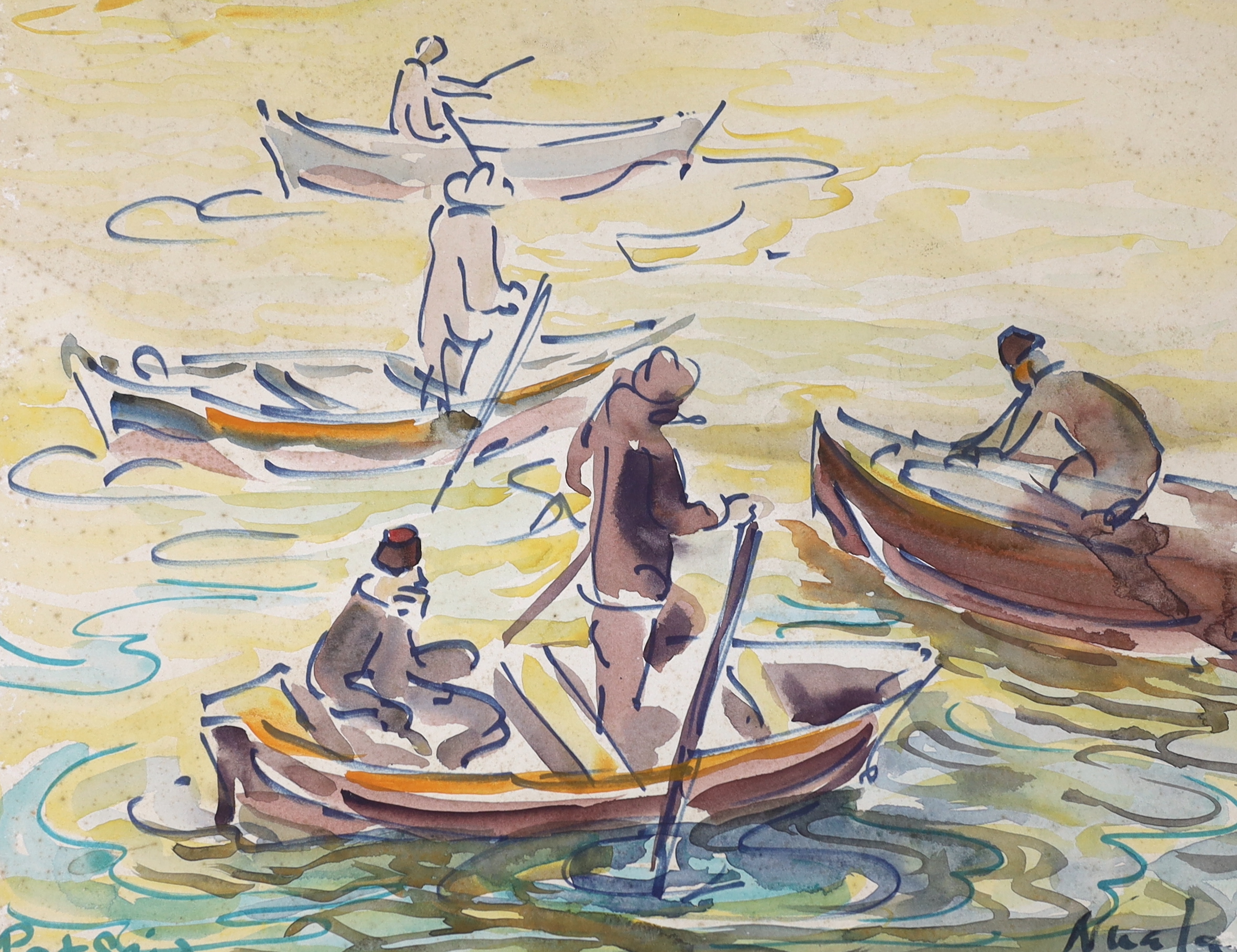 Nuala, ink and watercolour, 'Port Said', signed, 30 x 40cm, and a watercolour, English harbour scene, by another hand, 25 x 35cm